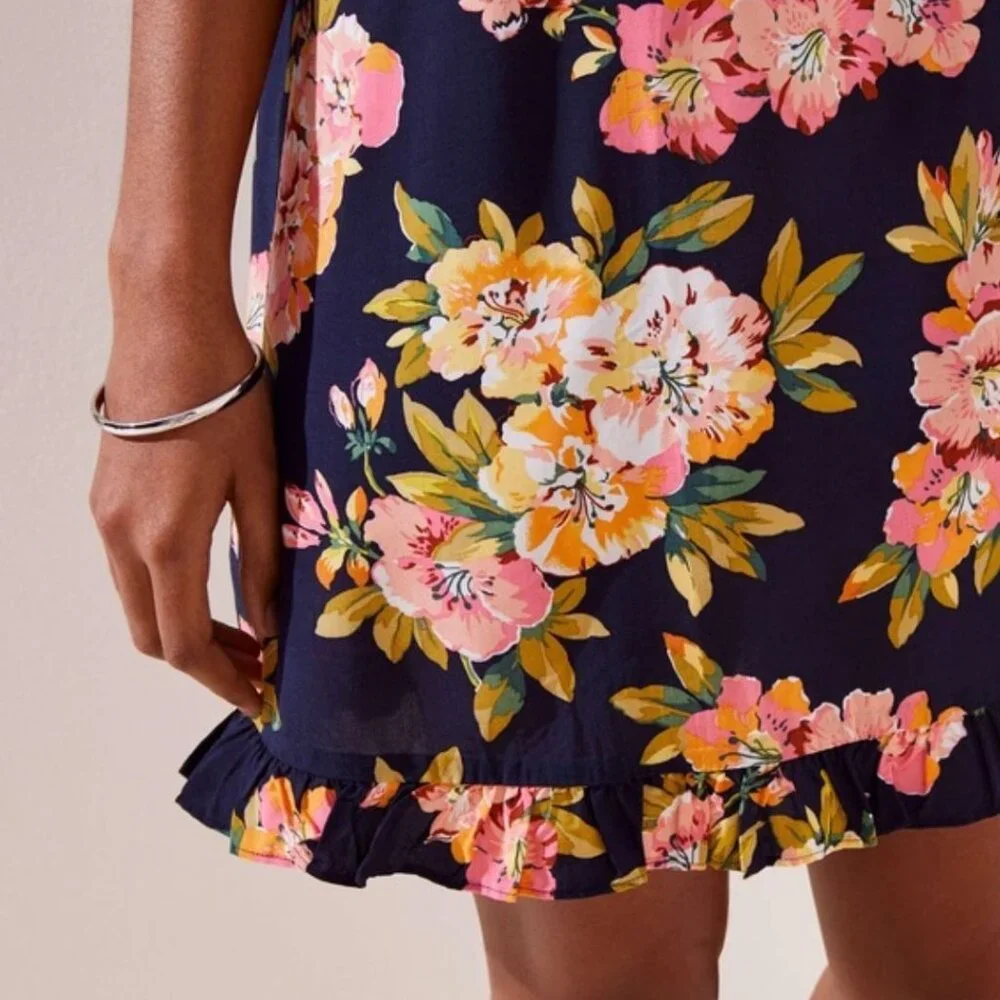LOFT | Ruffle Floral Split Neck Sleeveless Mini Dress in Navy Blue Multi | Small - Picture 3 of 11